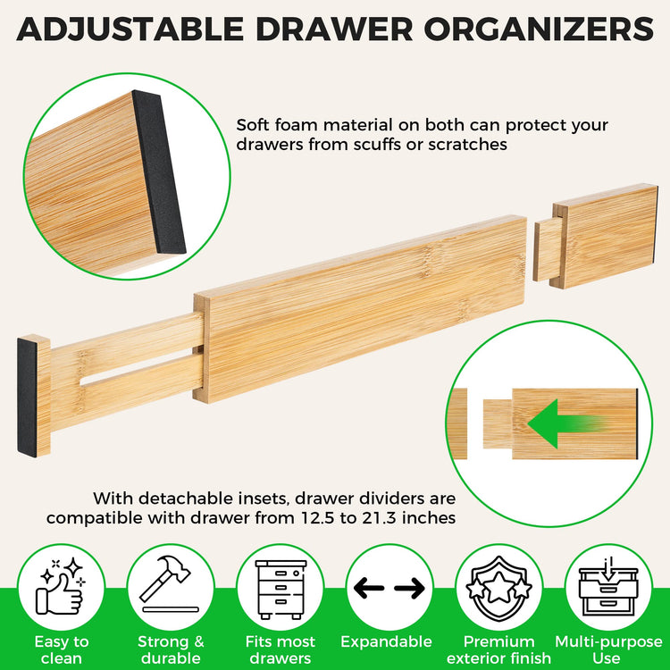 4 Pack Bamboo Drawer Dividers Organizer with Inserts 2.6'' High (4 Count)