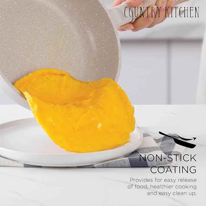 Country Kitchen Non-Stick Cast Aluminum Cookware Set - Durable Kitchen Cookware for Everyday Cooking, Cream Round Handle, 11 Pc.