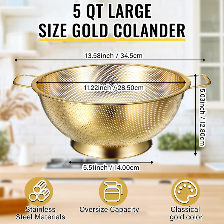 5 Quart Gold Colander and 3 Metal Fine Mesh Strainer Set