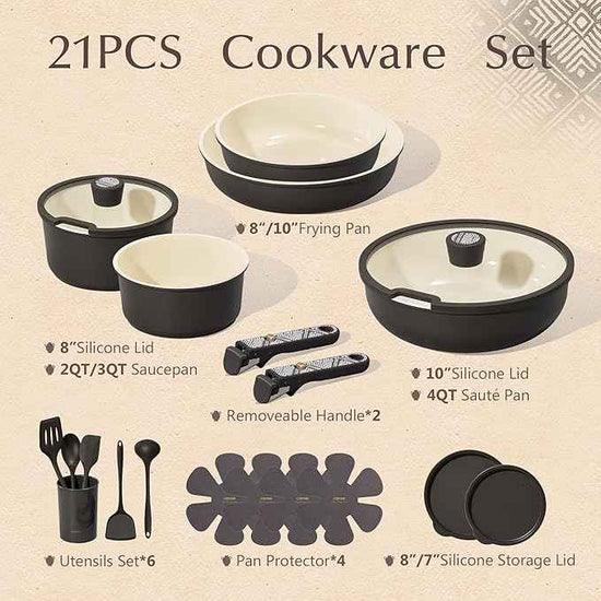 CAROTE 21-Piece Ceramic Cookware Set, Nonstick Pots and Pans Set with Detachable Handle, Non-Toxic Kitchen Cooking Set, Induction Compatible, Dishwasher & Oven Safe, Charcoal