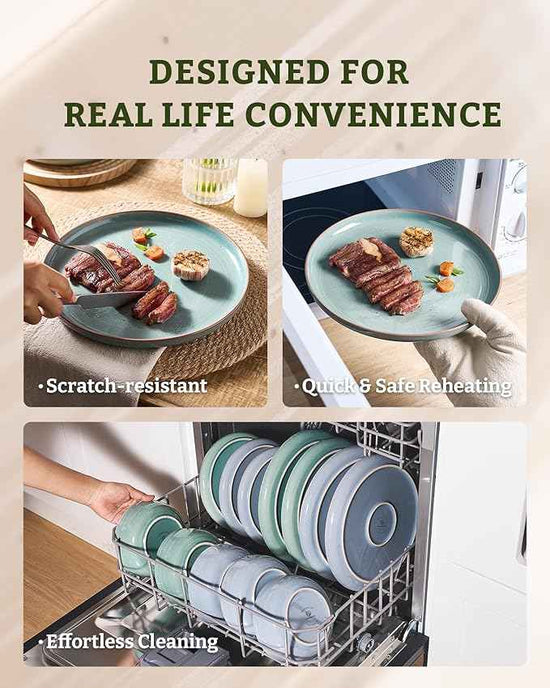 Famiware Meteor Plates and Bowls Sets for 4, 12 Pieces Dinnerware Sets, Microwave and Dishwasher Safe Dishes Set, Peacock Green