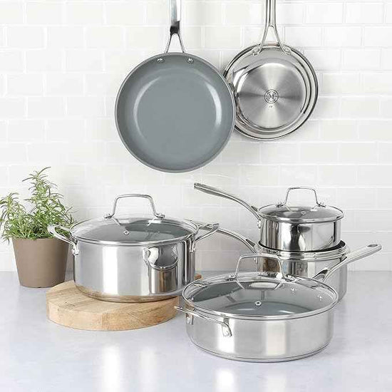 Martha Stewart Delaroux 10 Piece Stainless Steel Pots and Pans Kitchen Cookware Set w/PFAs Free Premium Nonstick Ceramic Interior
