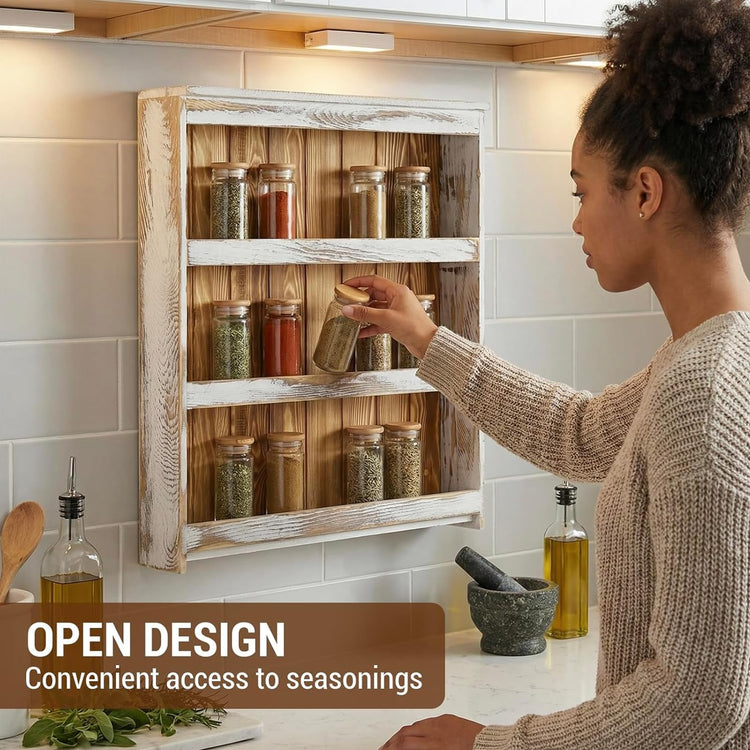 3 Tier Spice Rack Wall Mount Rustic Wood Kitchen Shelf