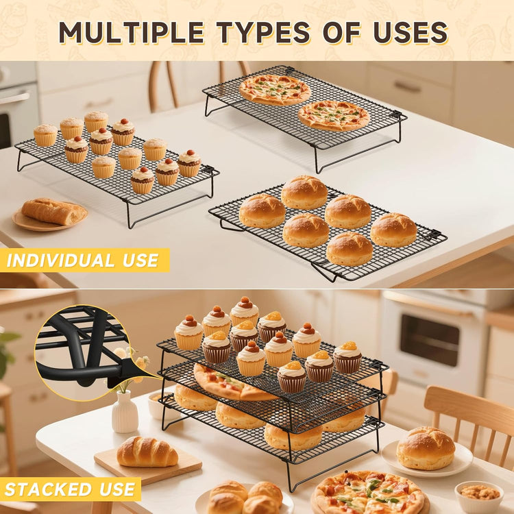 SHOUNAJIA Cooling Rack for Cooking and Baking, 3-Tier Stackable Wire Cooling Rack with Legs for Cooling Cookie, Pizza, Cake, Baking Paper 100 Pcs, 17" x 11", L