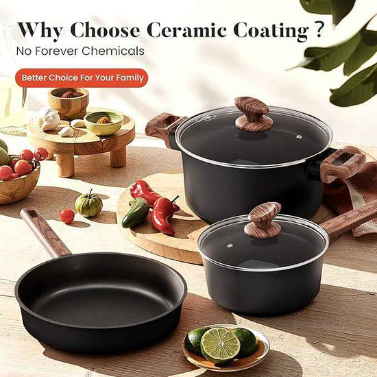 Kitchen Academy Ceramic Pots and Pans Set Non Stick - 10 Pcs Induction Cookware Set Non Toxic, Healthy Nonstick Black Cooking Pans Set, PFAS/PTFE/PFOA & PFOS Free