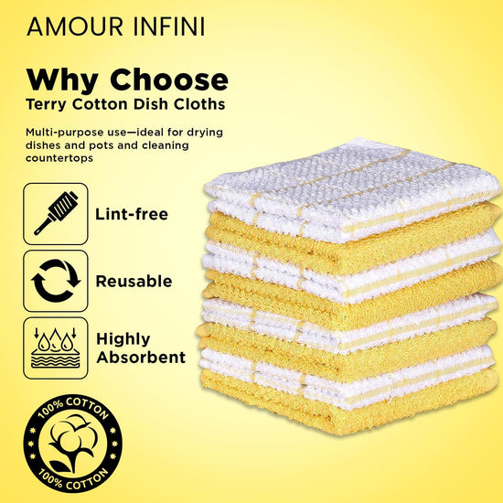 AMOUR INFINI Cotton Kitchen Dish Cloths Set of 8 – Highly Absorbent, Super Soft Premium Terry Cleaning Cloth (12"x12" Inch) Premium Dishcloths for Washing Dishes (Yellow) - Nestoria