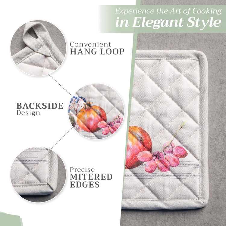 Maison d' Hermine 100% Cotton Oven Mitt & Pot Holder Set (7.5"x13" & 8"x8") Heat Resistant BBQ Cooking Gloves with Loop, Baking, Grilling, Kitchen, Handling Hot Pans (Fruit D'Hiver)