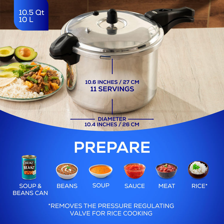 10.5 Quart / 10 Liter) Ultra Pressure Cooker, Pressure Pot with 6 Safety Systems, Aluminum Pressure Cooker for 11 Servings, Even Heat Distribution, Diameter 10.4 inches, Height 10.6 inches