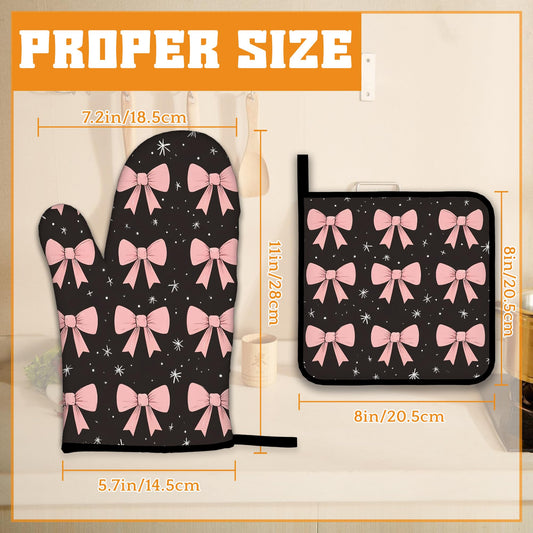 Cute Pink Bow Oven Mitts and Pot Holders (4 Count)