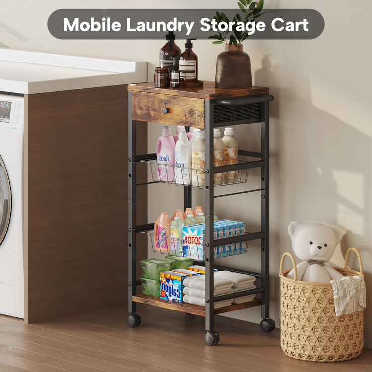 Kitchen Organizer and Storage Cart with Fabric Drawer and Convenient Handle