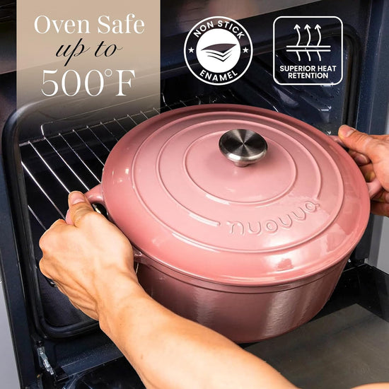 Nuovva Enamelled Cast Iron Dutch Oven Pot with Lid 6.4 Quart Non Stick Casserole Pot – Heavy Duty & Oven Safe up to 500° F for Bread Baking, Braising, Stews, Roasting – 28cm Pink - Nestoria