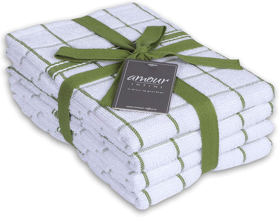 AMOUR INFINI Terry Cotton Kitchen Towels 4-Pack - Large 18 x 28 Inch, Absorbent & Soft Dish Towel with Hanging Loop, Washable Ideal for Cleaning, Drying (Green) - Nestoria