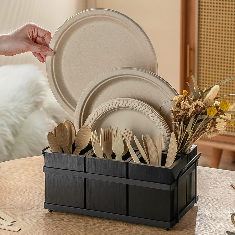 Silverware Caddy Black Wood Utensil Holder Paper Plate Dispenser