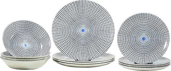 Tudor Royal Collection 12-Piece Round Dinnerware Set, Service for 4, Singapore Design, Blue Spiral, Plates Bowls Dishes, High-Gloss Premium Quality
