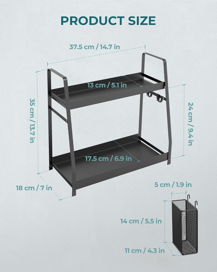 OROPY 2 Tier Spice Rack for Countertop, Metal Standing Kitchen Storage Organizer Shelf, Counter Shelf for Cabinet,Pantry,Bathroom,Bedroom, with Hanging Basket