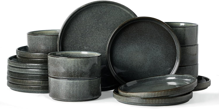 Famiware Star Dinnerware Set, Plates and Bowls Sets for 6 (18pcs), Ribbed Stoneware Dishes - Chip & Scratch Resistant, Microwave & Dishwasher Safe Kitchenware, Deep Forest