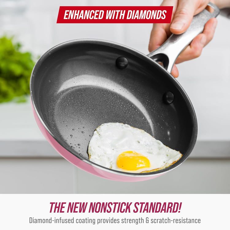Blue Diamond 12" Nonstick Frying Pan with Lid, Diamond Infused PFAS & PTFE-Free Ceramic Skillet, Dishwasher & Oven Safe, Stay Cool Handle, Durable Non Toxic Metal Utensil Safe, Glass Lid, Pink