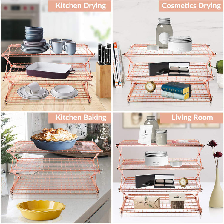 2/3/4-Tier Collapsible Cooling Rack with Adjustable 3 Setting Design Stackable Cooling Roasting Cooking for Cookies Baking - Copper Cooking Utensils