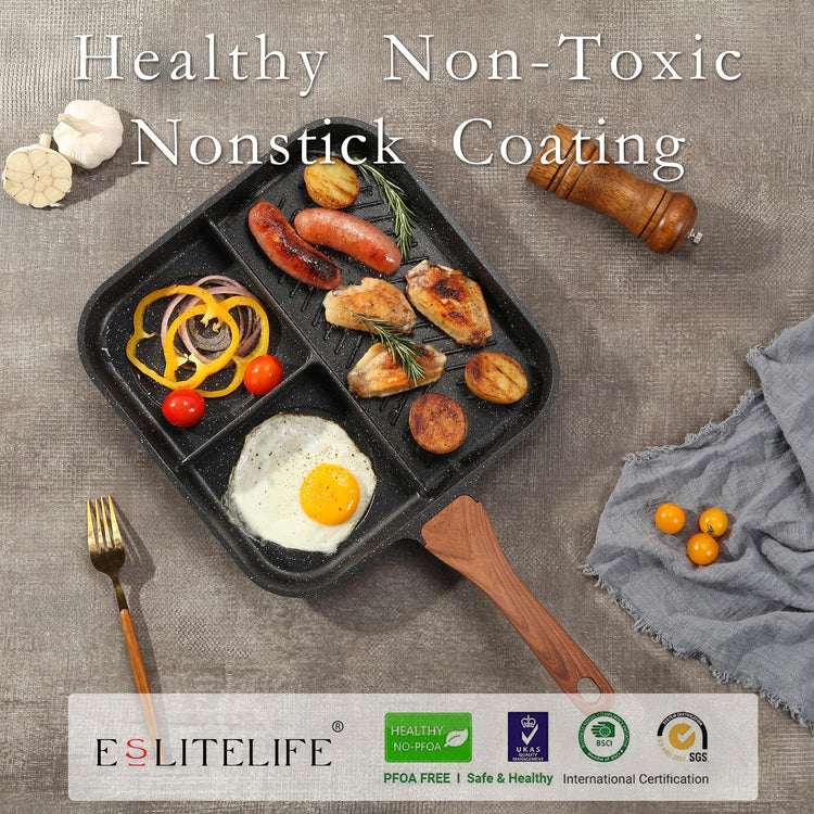 Nonstick Divided Grill Pan with Lid & Tongs for Stove Tops