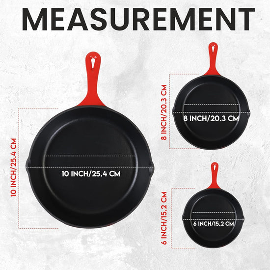Utopia Kitchen Cast iron Skillets 3 Piece Set,Chefs Pan, Pre Seasoned Cast iron Skillets, 6, 8 & 10 Inches, Easy Use in the Oven, Stove, Grill, or Campfire, Red - Nestoria