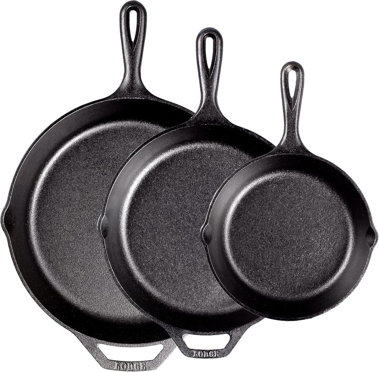 Lodge Pre-Seasoned Cast Iron Skillet Set - Set Includes 8 Inch Skillet, 10.25 Inch Skillet, and 12 inch Skillet - 3 Piece - Nestoria