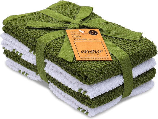 AMOUR INFINI Kitchen Towels Pack of 4 - Absorbent, Quick Drying Premium Cotton Tea Towel - Kitchen Linens 16x28 Inch Dish Towels with Hanging Loop (Green) - Nestoria