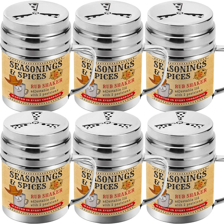 CUSINIUM [Pack of 6] 10 oz Seasonings Spice Shakers - BBQ Dry Rub Shakers - Cooking Dredge with Adjustable Fan-Style Lid and Handles