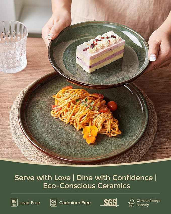 Stoneware Dinnerware Sets Service for 4, 12 pcs Reactive Glaze Plates and Bowls Sets, Handmade Ceramic Dish Set, Highly Chip and Crack Resistant Modern Plate Set, Brown Green