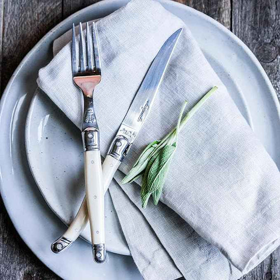 Jean Dubost Laguiole 12-Piece Flatware Set, Gray Handles - Rust-Resistant Stainless Steel - Includes Wooden Tray - Made in France