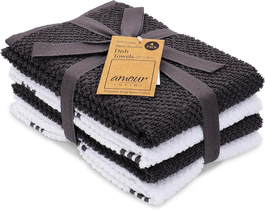 AMOUR INFINI Kitchen Towels Pack of 4 - Absorbent, Quick Drying Premium Cotton Tea Towel - Kitchen Linens 16x28 Inch Dish Towels with Hanging Loop (D.Grey) - Nestoria