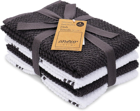 AMOUR INFINI Kitchen Towels Pack of 4 - Absorbent, Quick Drying Premium Cotton Tea Towel - Kitchen Linens 16x28 Inch Dish Towels with Hanging Loop (D.Grey) - Nestoria