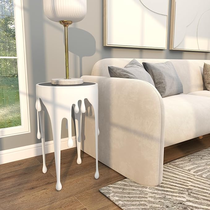 Deco 79 Aluminum Metal Side End Accent Table Drip End Table with Melting Designed Body and Black Shaded Tabletop, Side Table 16" x 16" x 25", White