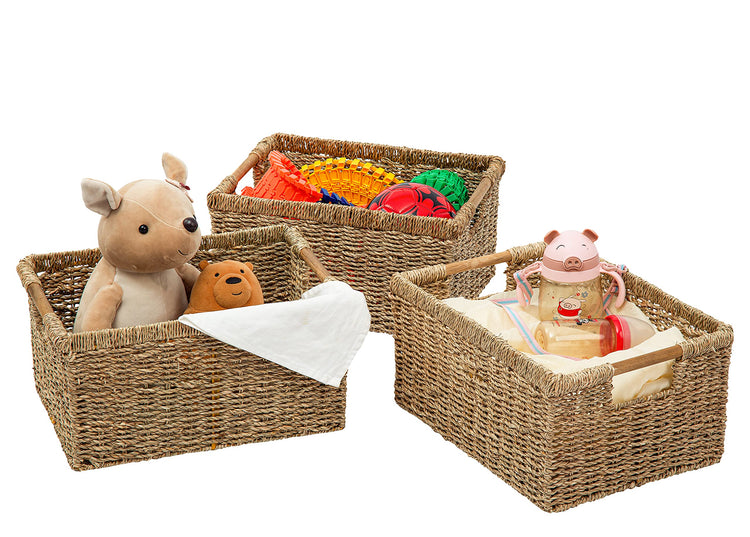 Large Wicker Basket Rectangular with Wooden Handles for Shelves (3 Count)