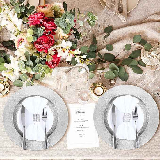 Tanlade 50 Pcs Silver Charger Plates Bulk, 13" Round Plastic Dinner Charger Plate, Shiny Silver Table Chargers Serving Plates Catering Tabletop for Thanksgiving Halloween Christmas Wedding Party Decor