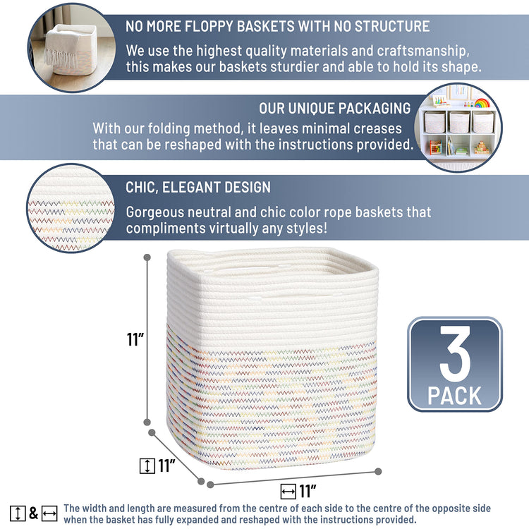 Storage Cubes 11 Inch Cotton Rope Woven Baskets for Organizing (3 Count)