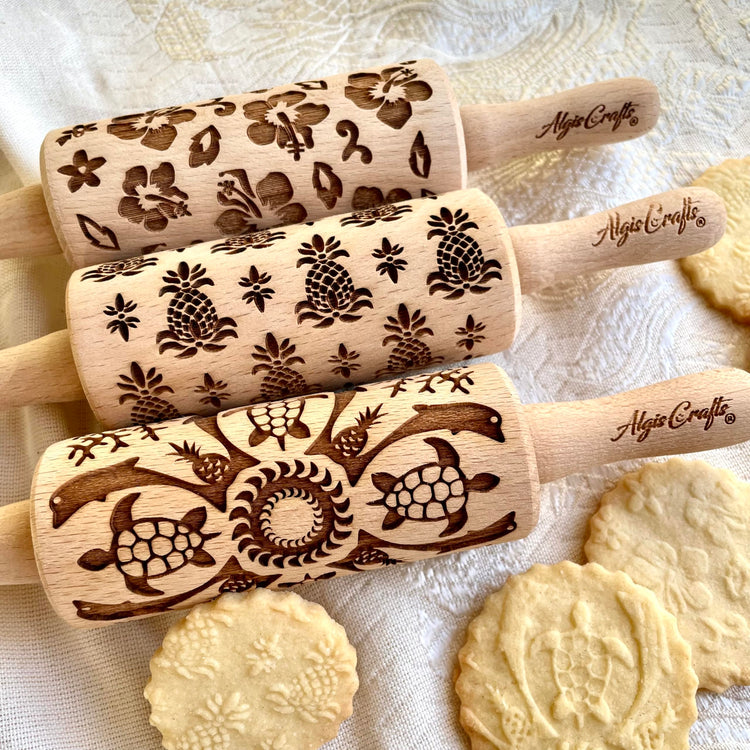 HAWAII 3 KID Rolling Pin SET. Wooden Laser Cut Mini Rolling Pins for cookies