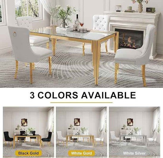 63'' Modern Glass Dining Table for 4-6 People,Tempered Glass Top Dining Room Table with Stainless Steel Base, Glass and Gold Dining Table for 6, Rectangle Dining Kitchen Table for Dinner