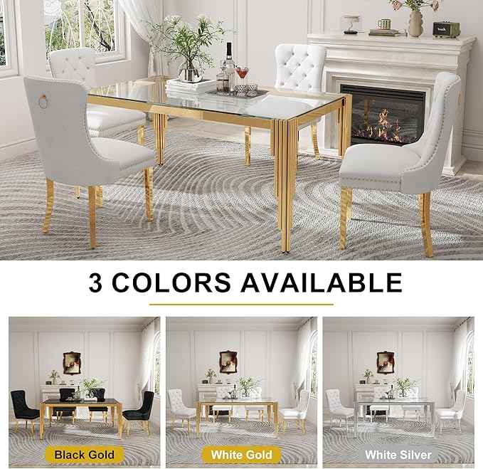 63'' Modern Glass Dining Table for 4-6 People,Tempered Glass Top Dining Room Table with Stainless Steel Base, Glass and Gold Dining Table for 6, Rectangle Dining Kitchen Table for Dinner