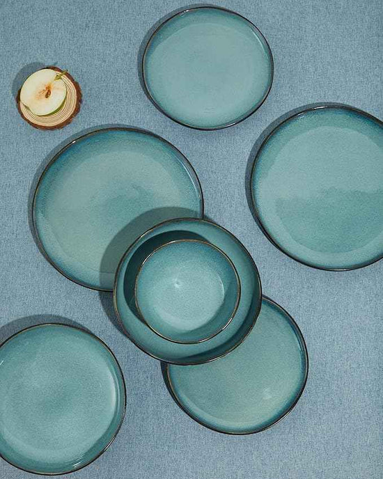 24 Piece Stoneware Dinnerware Set for 8, Reactive Glaze Plates and Bowls Sets | Designed for Holiday Dinners, Thanksgiving, Party Hosting | Durable Irregular Coastal Design, Green Black