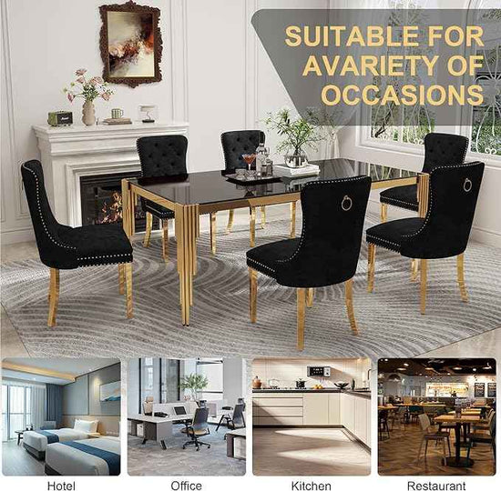 78'' Modern Glass Dining Table for 6-8 People,Black Tempered Glass Top Dining Room Table with Stainless Steel Base, Glass and Gold Dining Table for 6, Rectangle Dining Kitchen Table for Dinner