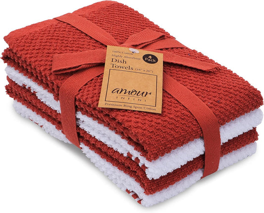AMOUR INFINI Kitchen Towels Pack of 4 - Absorbent, Quick Drying Premium Cotton Tea Towel - Kitchen Linens 16x28 Inch Dish Towels with Hanging Loop (Rust) - Nestoria