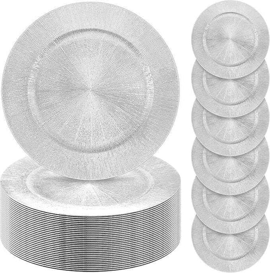 Tanlade 50 Pcs Silver Charger Plates Bulk, 13" Round Plastic Dinner Charger Plate, Shiny Silver Table Chargers Serving Plates Catering Tabletop for Thanksgiving Halloween Christmas Wedding Party Decor