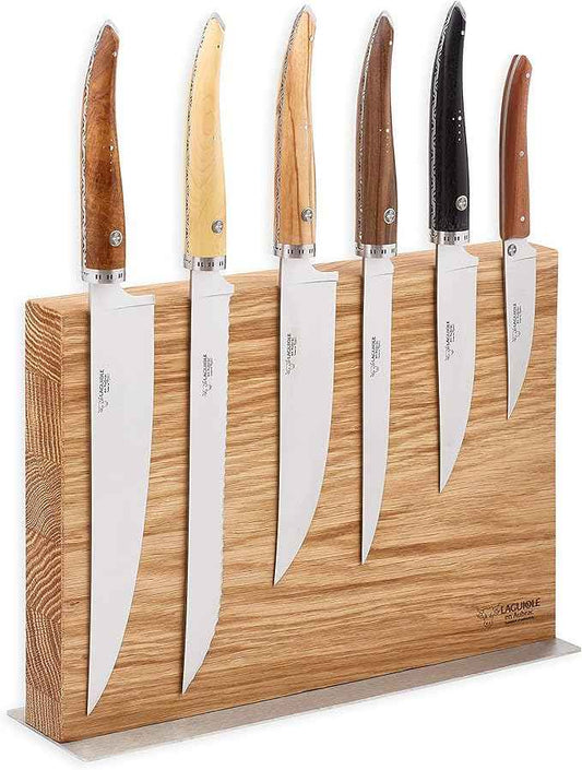 Laguiole en Aubrac Cuisine Gourmet Stainless Fully Forged Steel Made In France Complete 7 Piece Premium Kitchen Knife Magnetic Block Set With Mixed Wood Handles