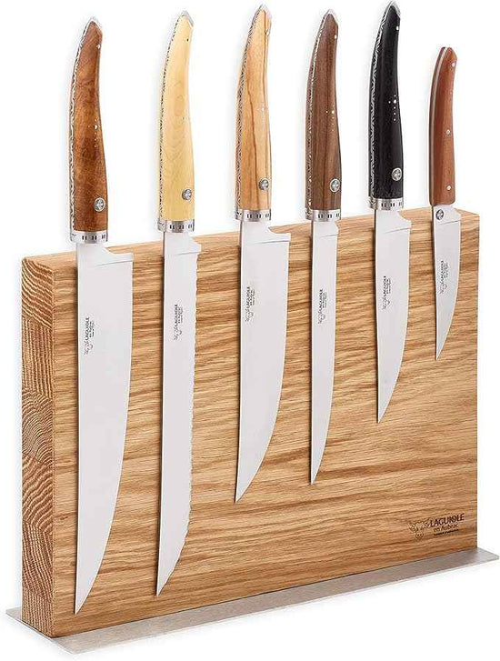 Laguiole en Aubrac Cuisine Gourmet Stainless Fully Forged Steel Made In France Complete 7 Piece Premium Kitchen Knife Magnetic Block Set With Mixed Wood Handles
