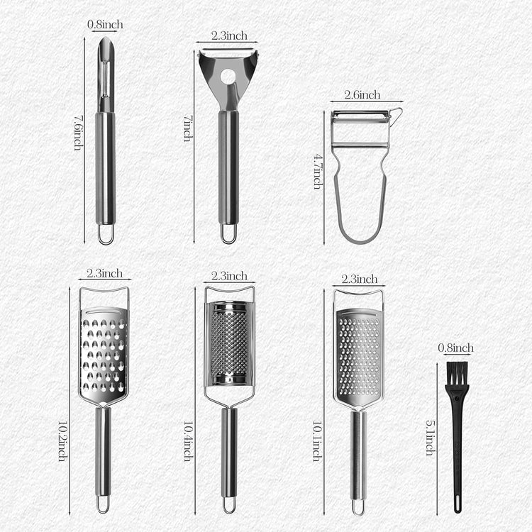 Cheese Grater Set, 7-Piece Zester Grater Peeler Set Stainless Steel Kitchen Utensil Set for Bar Restaurant Home Ginger Lemon Fruit Chocolate Vegetables Apple Gift for Christmas Birthday Housewarming
