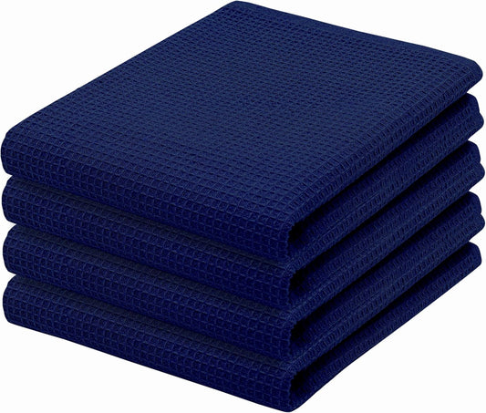 PurpleEssences Waffle Weave Kitchen Towel, 100% Cotton - 15 x 25 Inches, with Hanging Loop Ultra Soft Absorbent Quick Drying Dish Cloth, Tea and Hand Towels, 4 Pack - Navy Blue - Nestoria