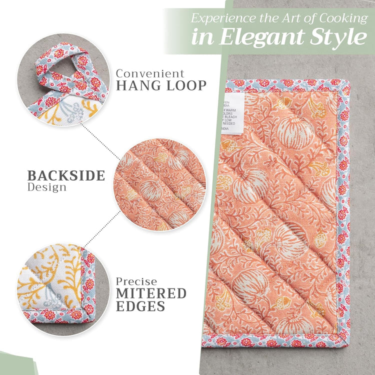Maison d' Hermine Pot Holders Set 100% Cotton Heat Resistant Potholders 8" x 8" Hot Pads with Loop BBQ, Cooking, Baking, Grilling, Kitchen, Handling Hot Pans (Pack of 2, Harvest Festival)