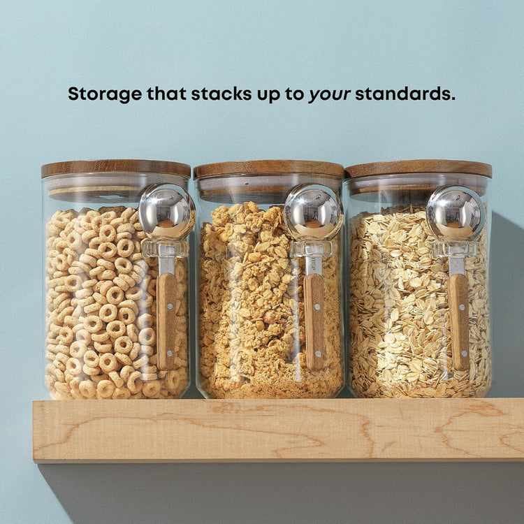 JoyJolt Holden 32oz Stackable Glass Storage Containers with Lids and Scoops, Airtight Food Canister Set of 3 w/Acacia Wood Lids, Round Stacking Pantry and Kitchen Containers w/Scoop | Clear