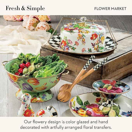 MACKENZIE-CHILDS Cake Carrier, Cake-Dish Serving Platter with Lid and Handles, White Flower Market with Black-and-White Courtly Check