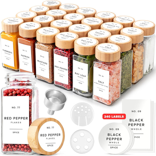 Square Spice Jars with Bamboo Wooden Lid (Pack of 24) Spice Jars with Shaker Insert and 240 Labels - Bamboo Lid Glass Container for Spice Organisation [4.3 in × 1.8 in]